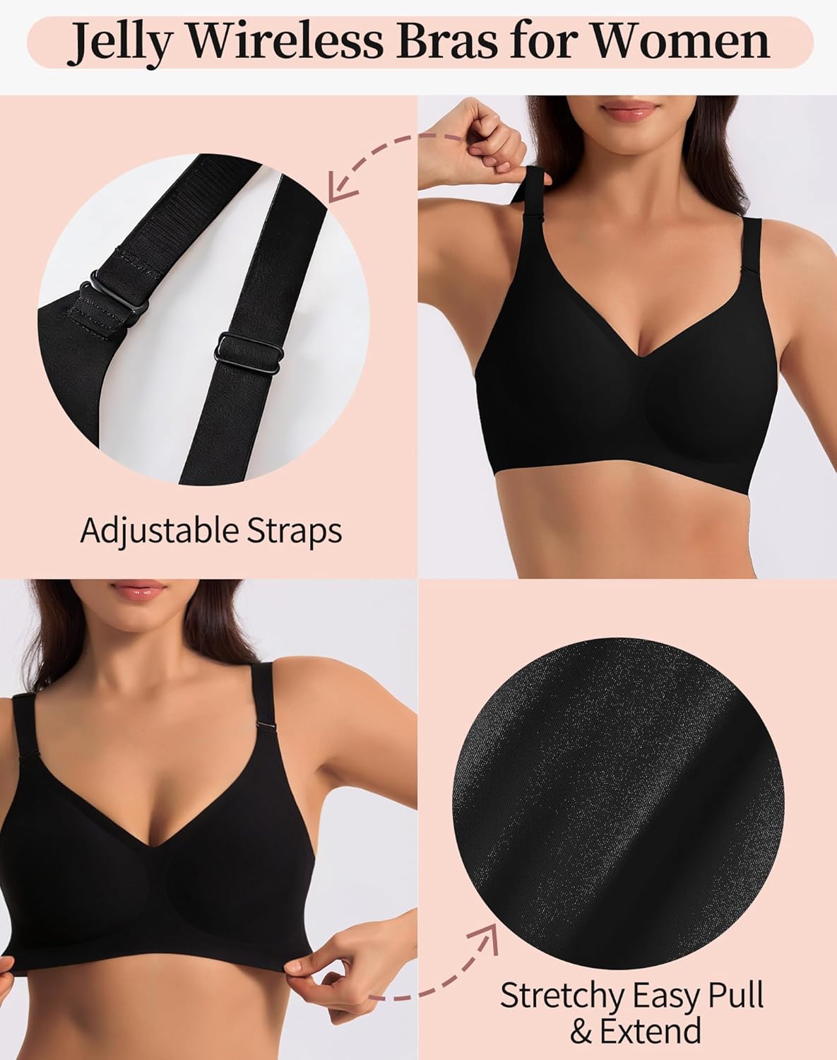 Jelly Bras for Women 2 Pack - Wireless Push Up Seamless Bra V Neck No Underwire Padded Comfortable Tshirt Bralettes - Image 4