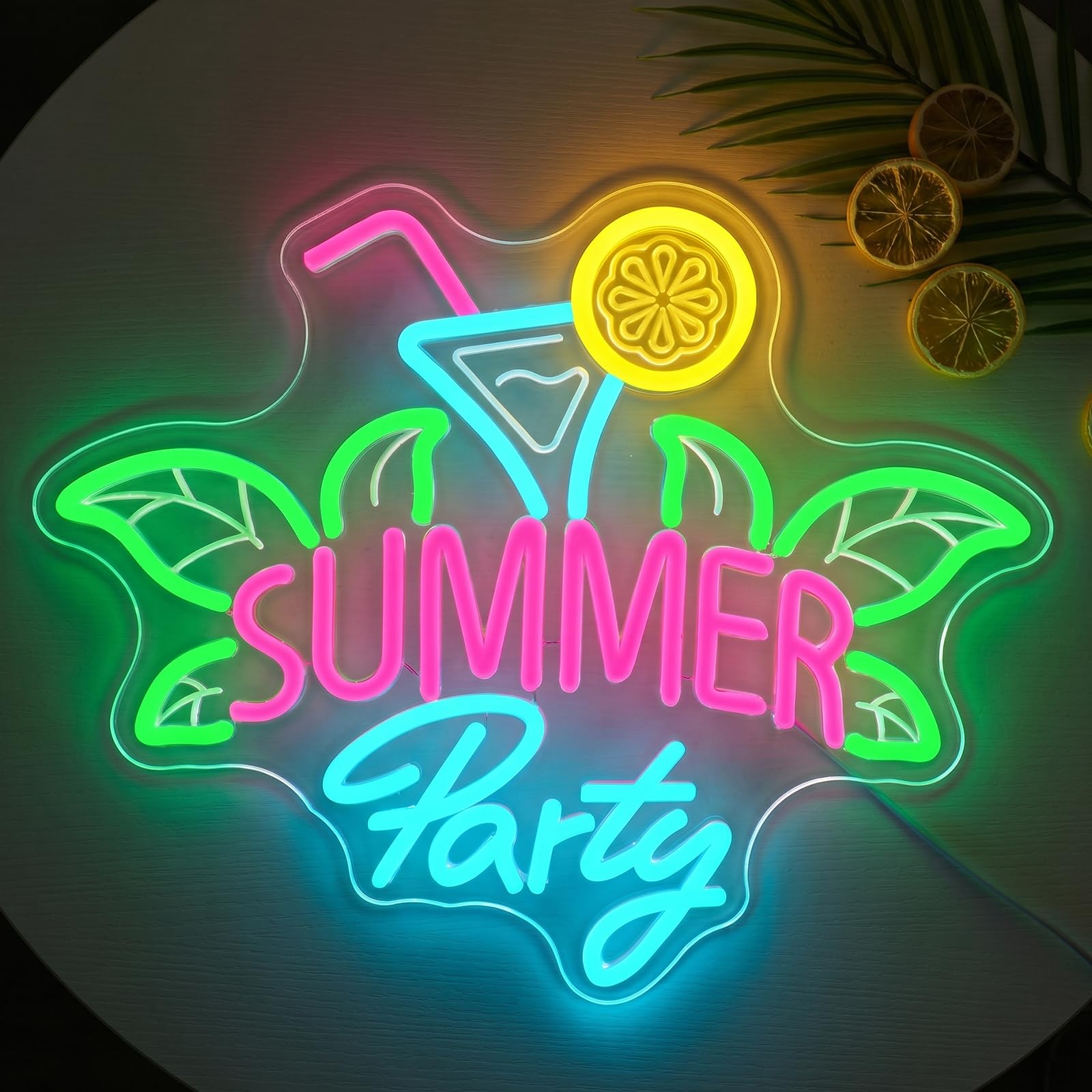 Sommerparty Neon Schild für Wanddeko, Martiniglas mit Strohhalm, Zitronenscheibe und Tropische Blätter LED Leuchtreklame für Cocktailbars,Poolpartys, Sommerfeste, Strandurlaube(Sommerparty)
