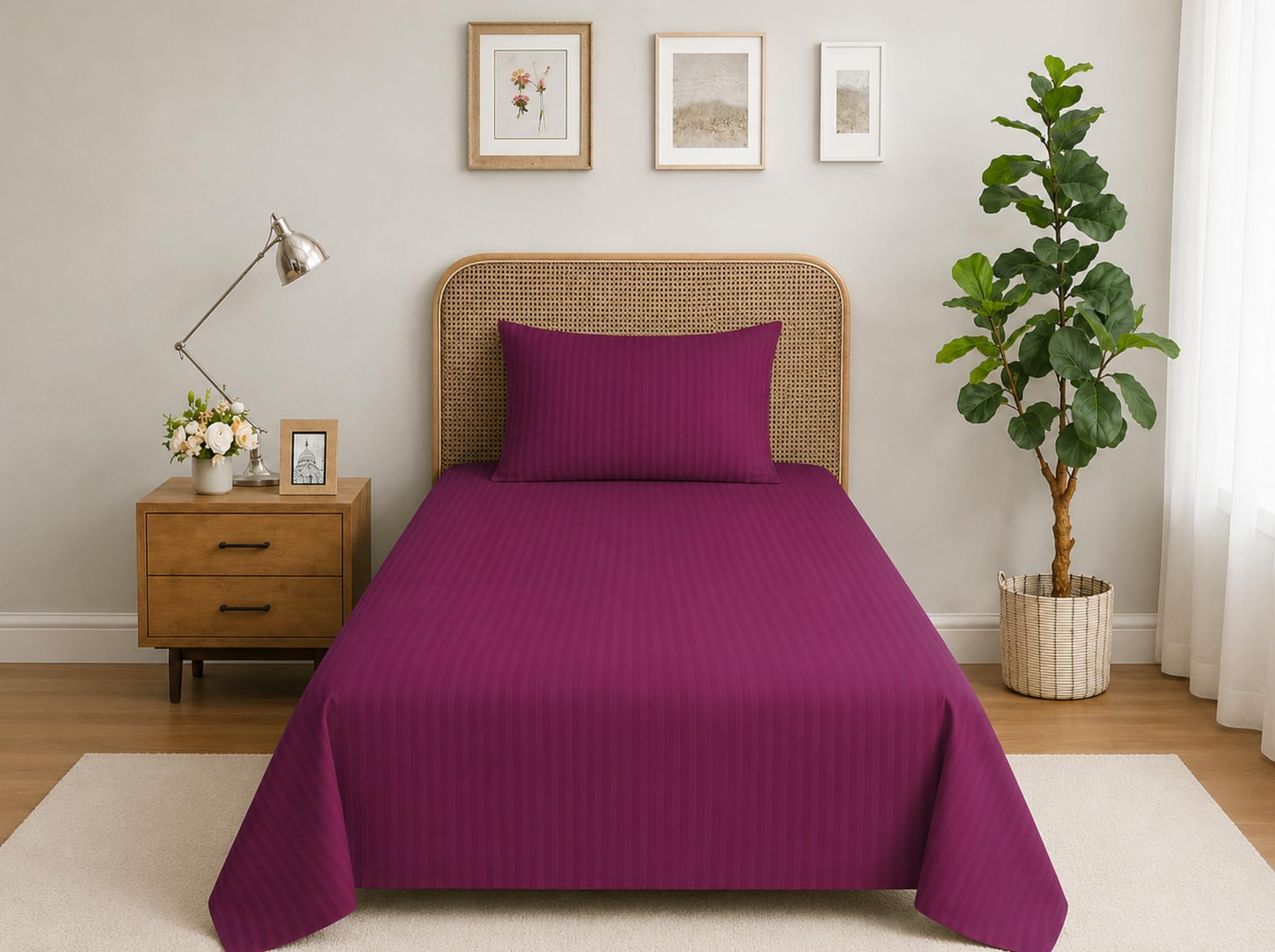 Elegance Series Bedsheet with 2 Pillow Covers | Luxury Striped Cotton Blend Bedsheet Set (Wine, 60x90)-image-2