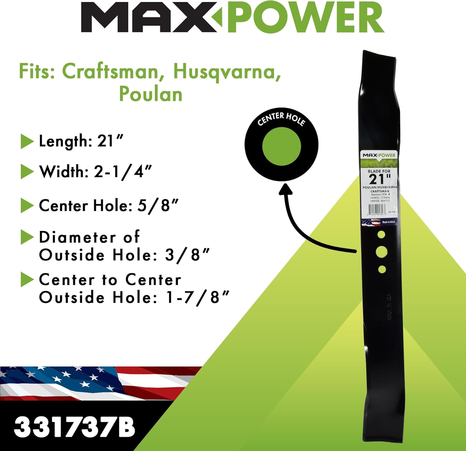 MaxPower 331737B Mulching Blade for Many 21 in. Cut Craftsman, Husqvarna, Poulan Mowers, Replaces OEM no. 165833, 175052, 406712, 532175064, 594893001, 175064 Lawn Mower Blade