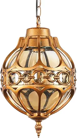 Gold Globe Outdoor Pendant Lights for Porch Entryway Hallway, Vintage Exterior Aluminum Waterproof Hanging Light Fixtures, Outside Ceiling Hanging Lamp with Round Amber Glass
