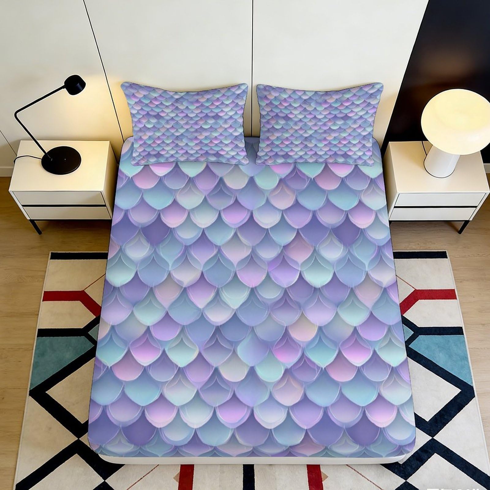 Pnayamiorkfel Style-3 3D Printed Pastel Mermaid Scales Fitted Sheet Microfiber Soft Bedroom Decor Iridescent Mattress Cover For Home Guest Room 90X200x25cm
