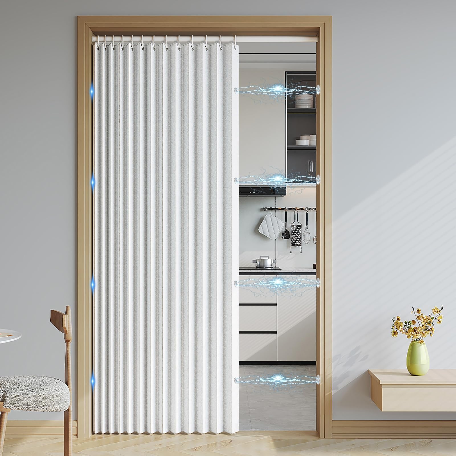 Rideaux Occultants Magnétique Isolant, Anti Froid et Chaleur, Rideaux Accordéon Invisibles pour Porte D'entrée, Salon, Placard, Chambre, 220 G/M², Blanc, 120x200cm