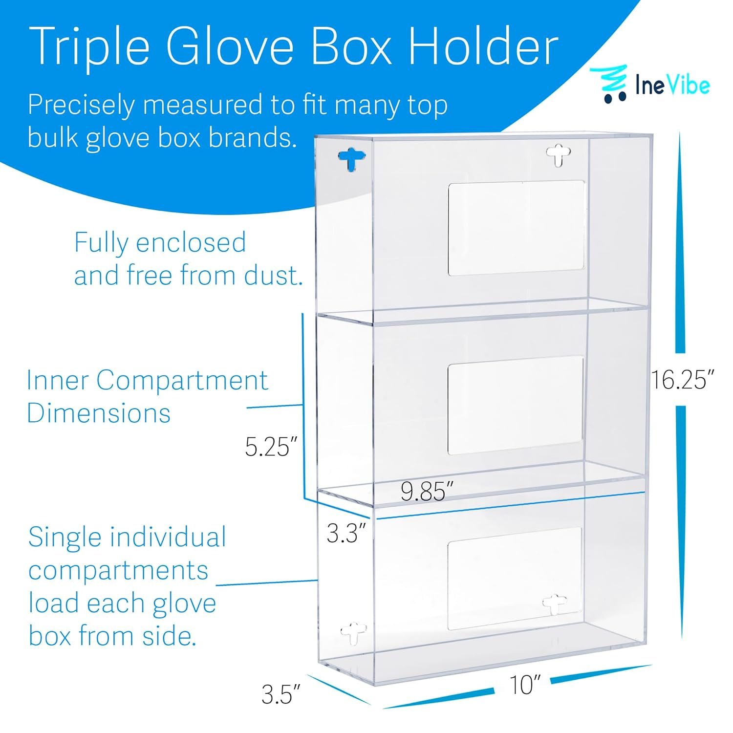 Inevibe Glove Box Holder Dispenser - Side Loaded Clear Acrylic Organizer for Medical, Latex, Rubber, Exam, Disposable Glove Boxes, Wall Mount or Countertop (Triple)