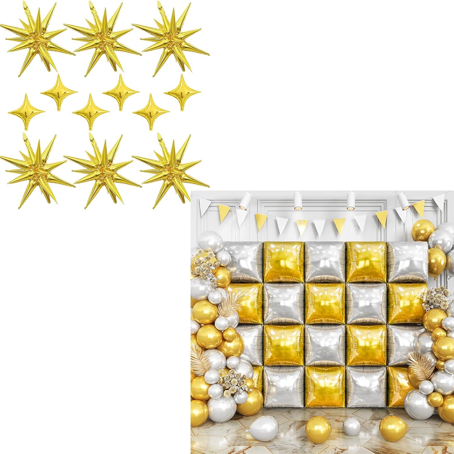 64 PCS Gold Foil Balloons Set, Star Balloons Square Balloons Double Sided Gold & Silver Foil Balloons Kit for Christmas New Year Graduation Birthday Party Backdrop Decorations