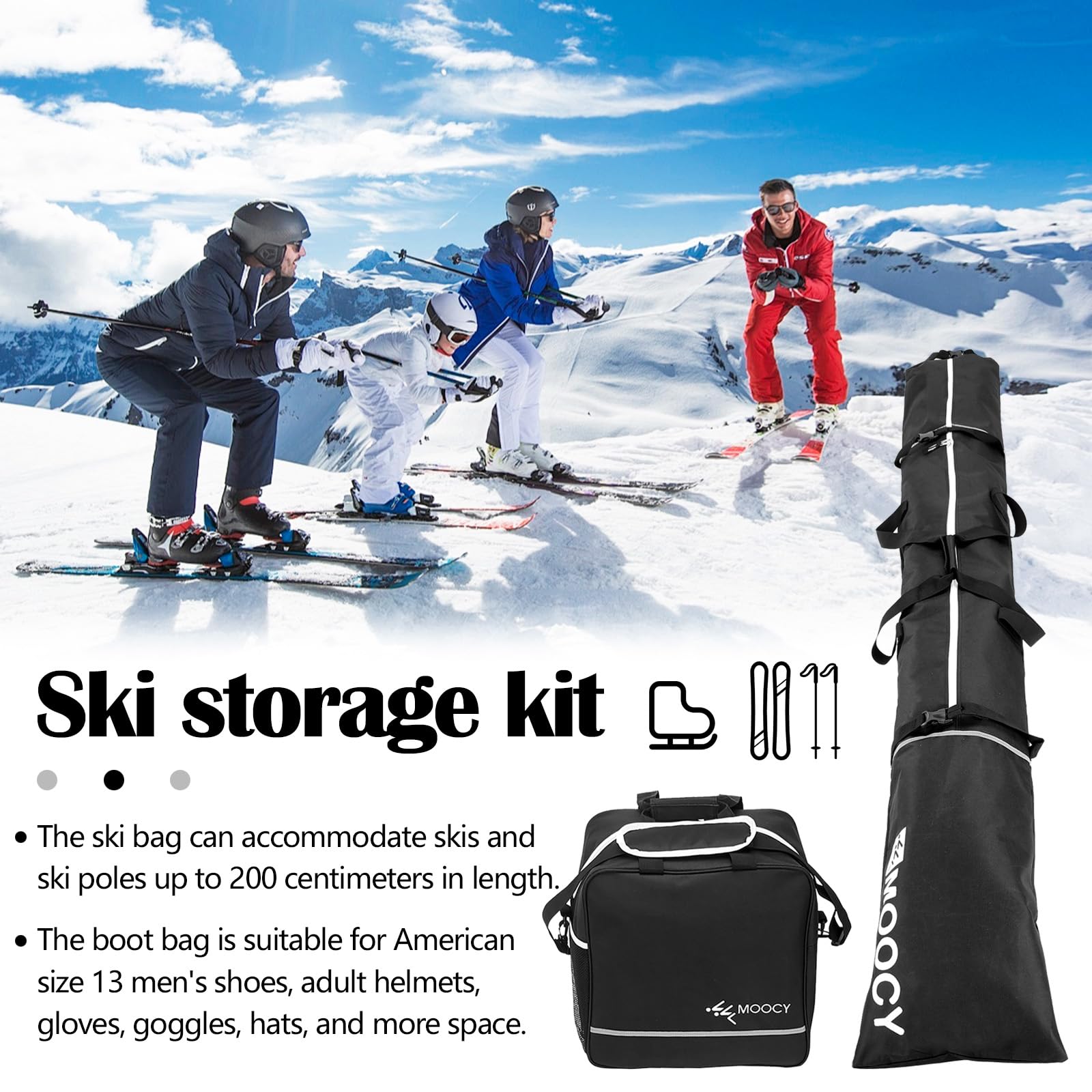 Aisny Ensemble sac à chaussures de ski - 200 cm - Accessoires pour sac de ski et sac à chaussures de ski - Longueur réglable - Design à roulettes