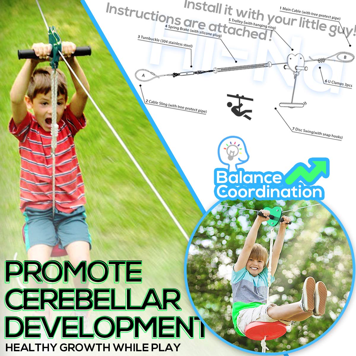 Zip Line Kit 80ft 100ft 120ft Zipline Kits for Backyard Kids Play Set