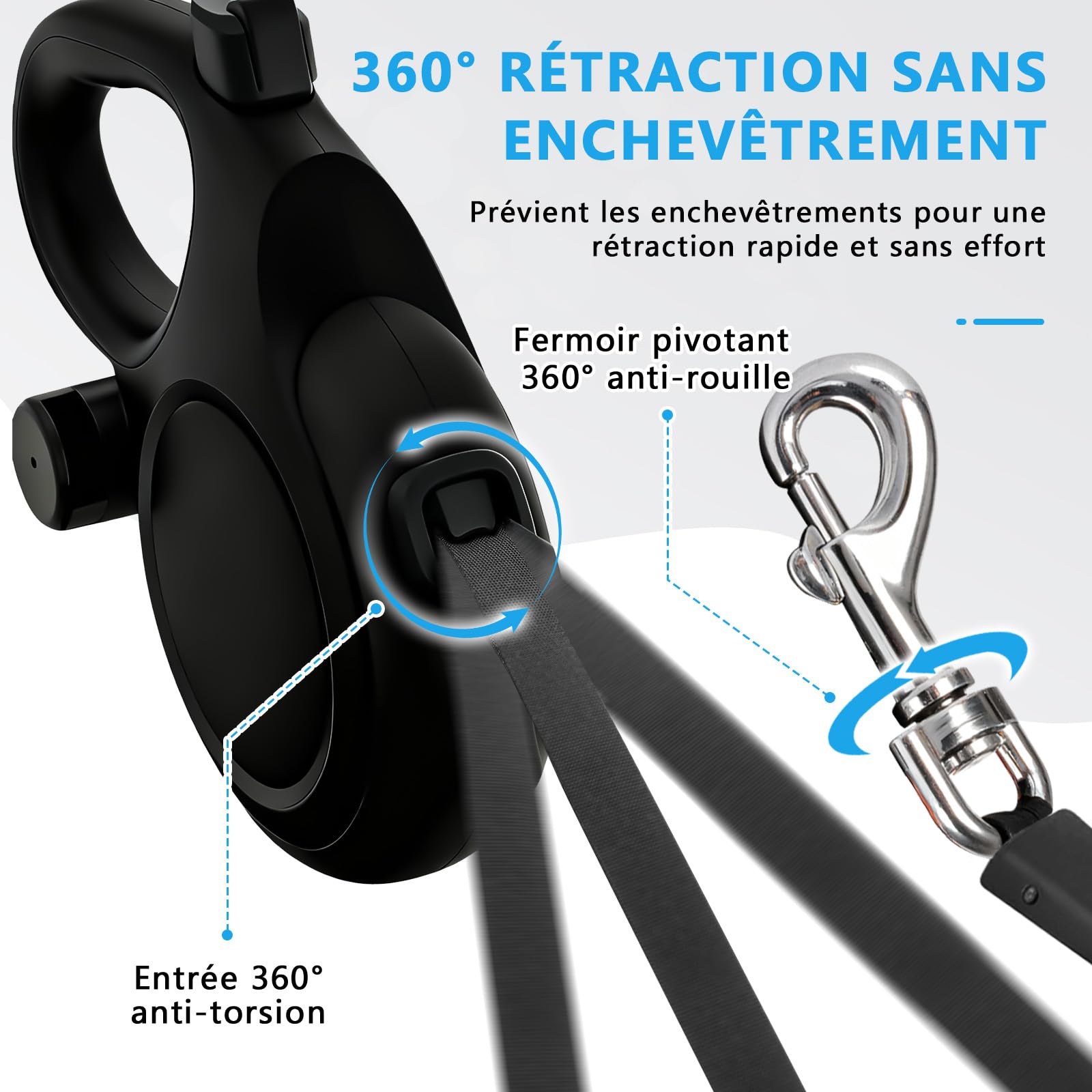 Laisse Chien Enrouleur 8m - pour Chiens de Taille Moyenne/Grande (jusqu'à 50 kg) - Laisse Renforcée avec Câble Anti-Morsure, Distributeur de Sacs à Déjections et Frein à Une Main (Noir)