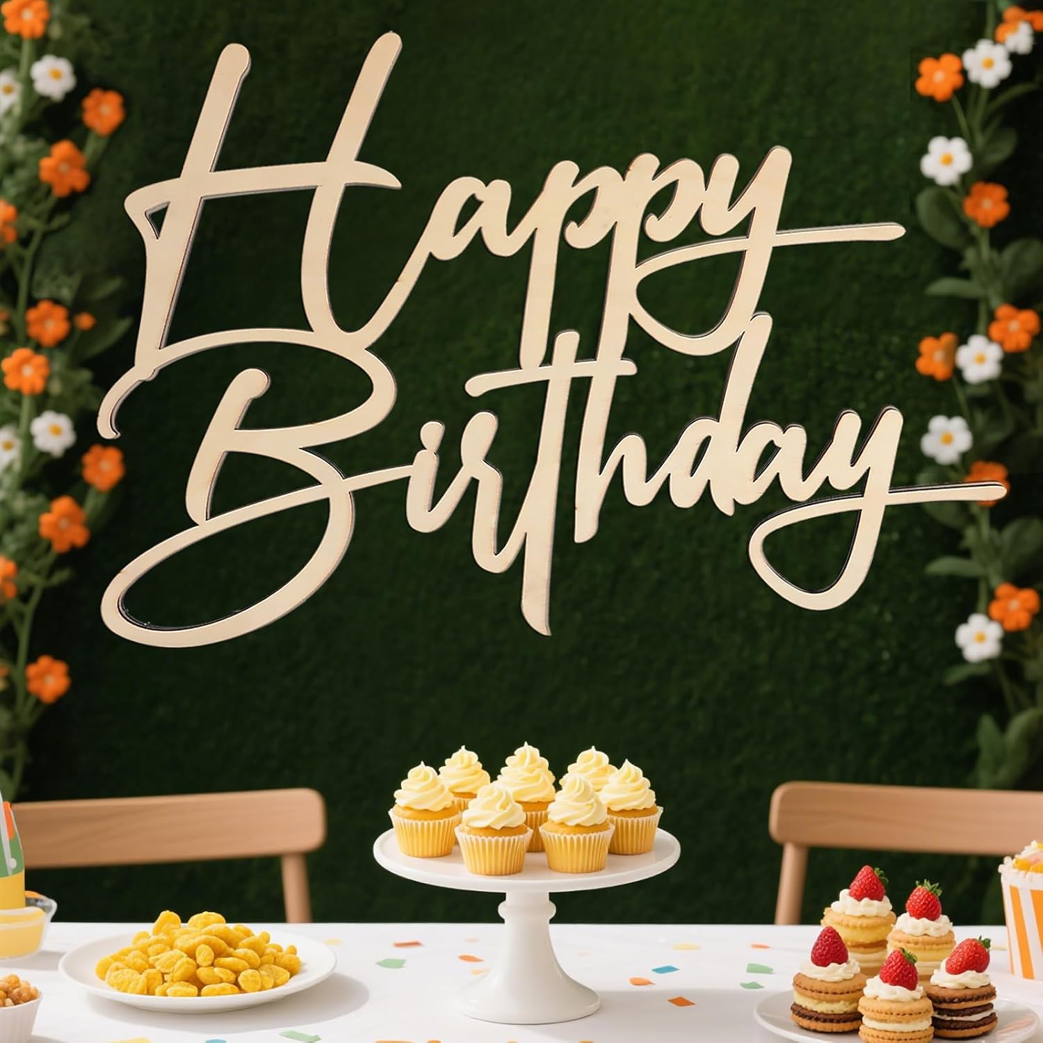 Wooden Happy Birthday Background Sign - Happy Birthday Unfinished Large Wood Sign Decorations, Home Door Wall Birthday Party Decor Photo Props (Wooden Happy Birthday Background 2)