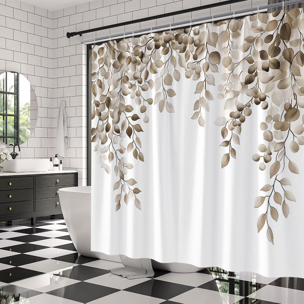 Sage Brown Eucalyptus Leaf Shower Curtain Watercolor Vine Leaves on The Top Plant Farmhouse Botanical Rustic Spring Plants Fabric Bathroom Decor Curtains with Hooks,70 x 80