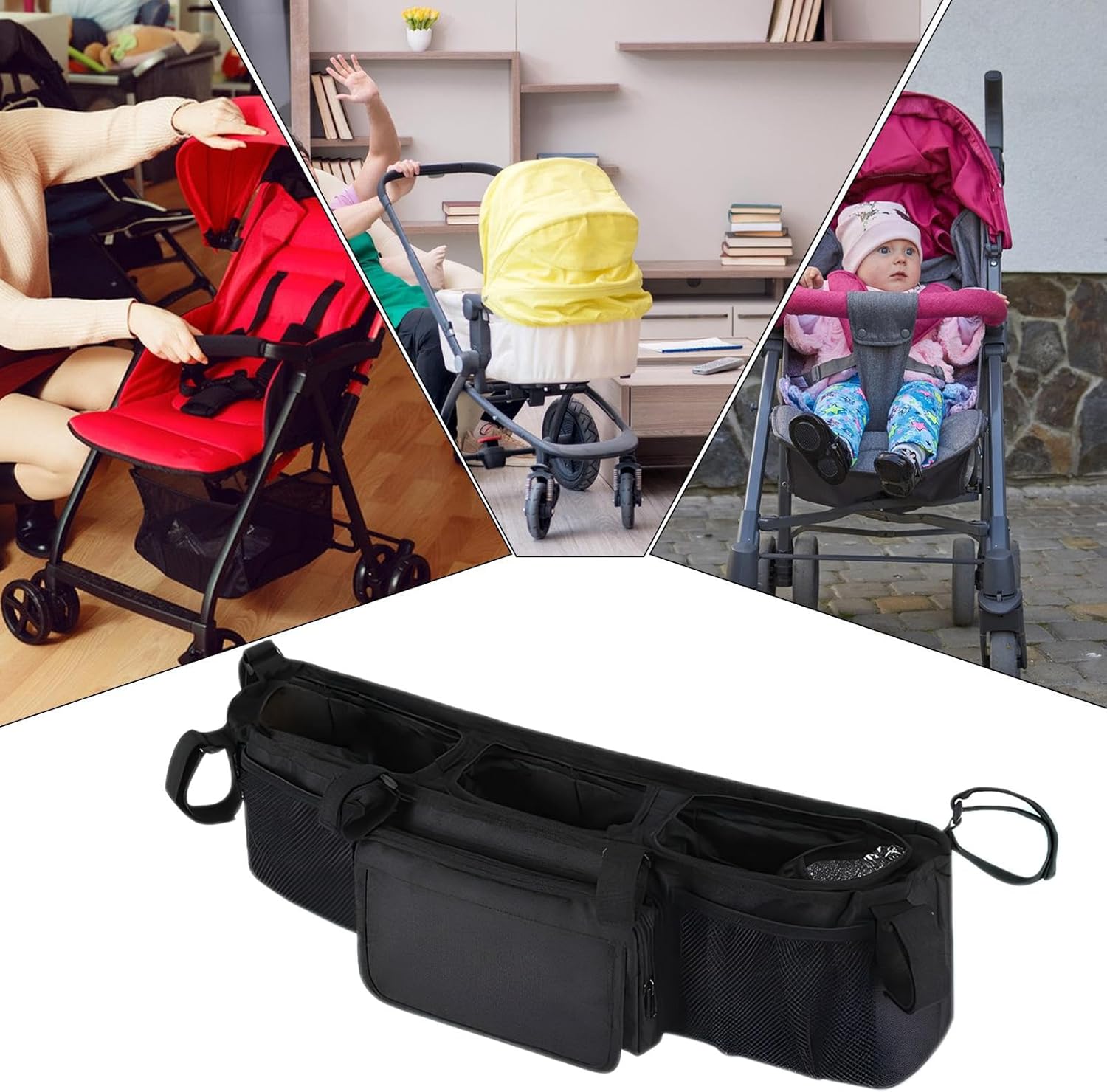 Double Stroller Cup Holder | Foldable Lightweight 3 Compartments Organizer | Universal Bottle Holder | for Parents Travel Outdoor Home Walking Camping