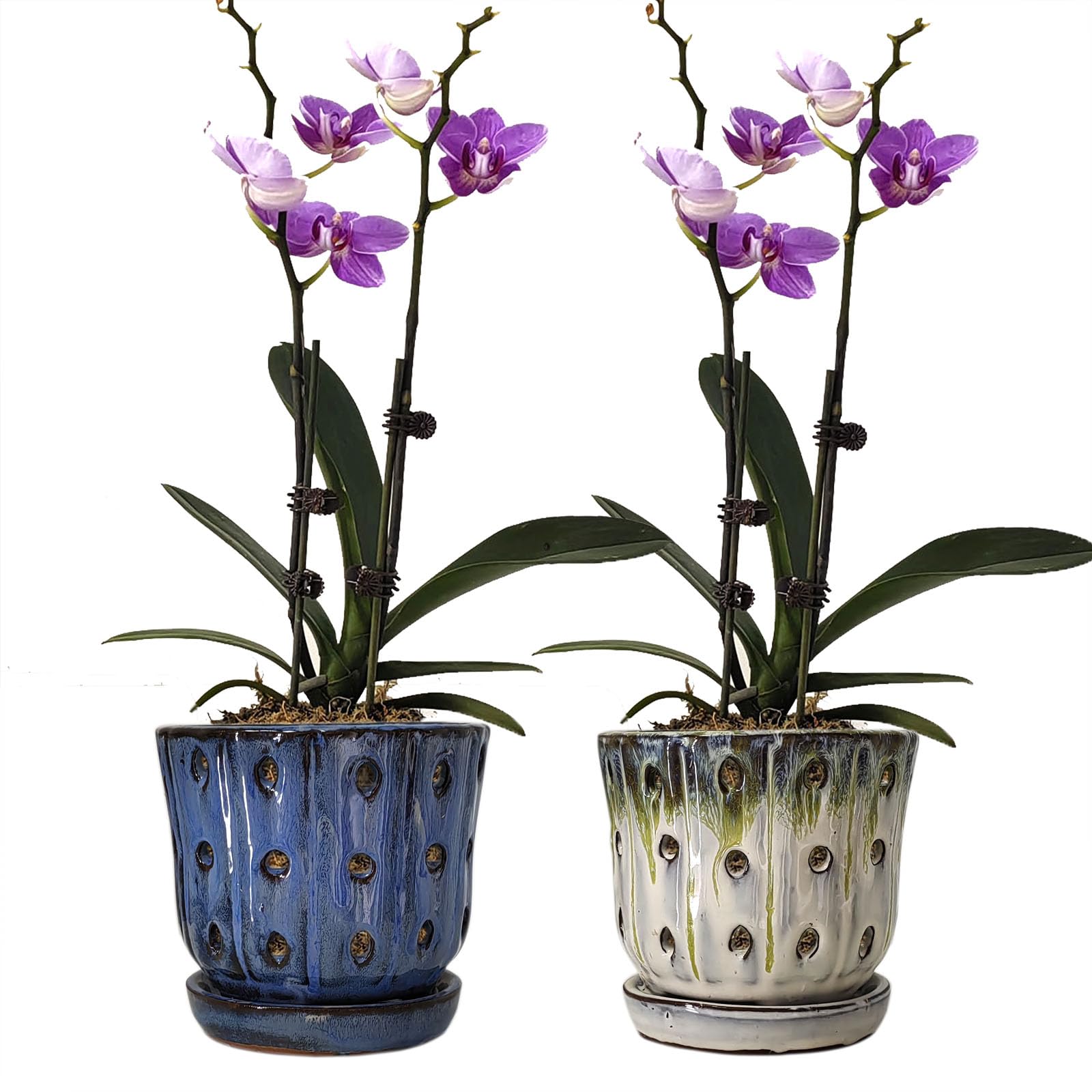 Orchid Pots 4.9 inch Round Ceramic Orchid Pots with Holes Set of 2