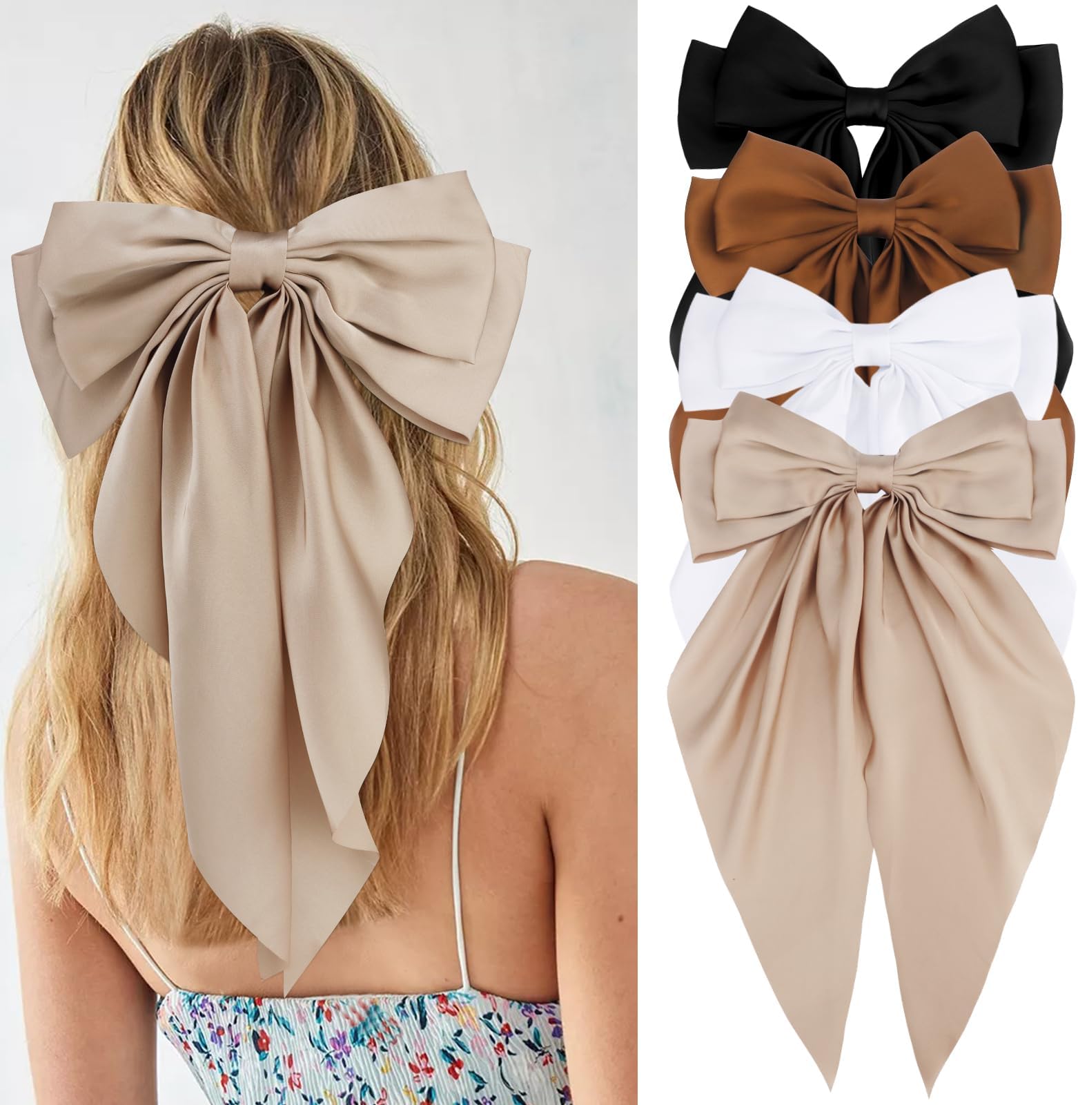 Velscrun Hair Bows for Women Girls 4Pcs White Silky Hair Bow Khaki Satin Large Coquette Bow Brown Big Hair Bows Clip Oversized Hair Ribbons Long Tail Black Bow Hair Barrettes Hair Accessories Gifts
