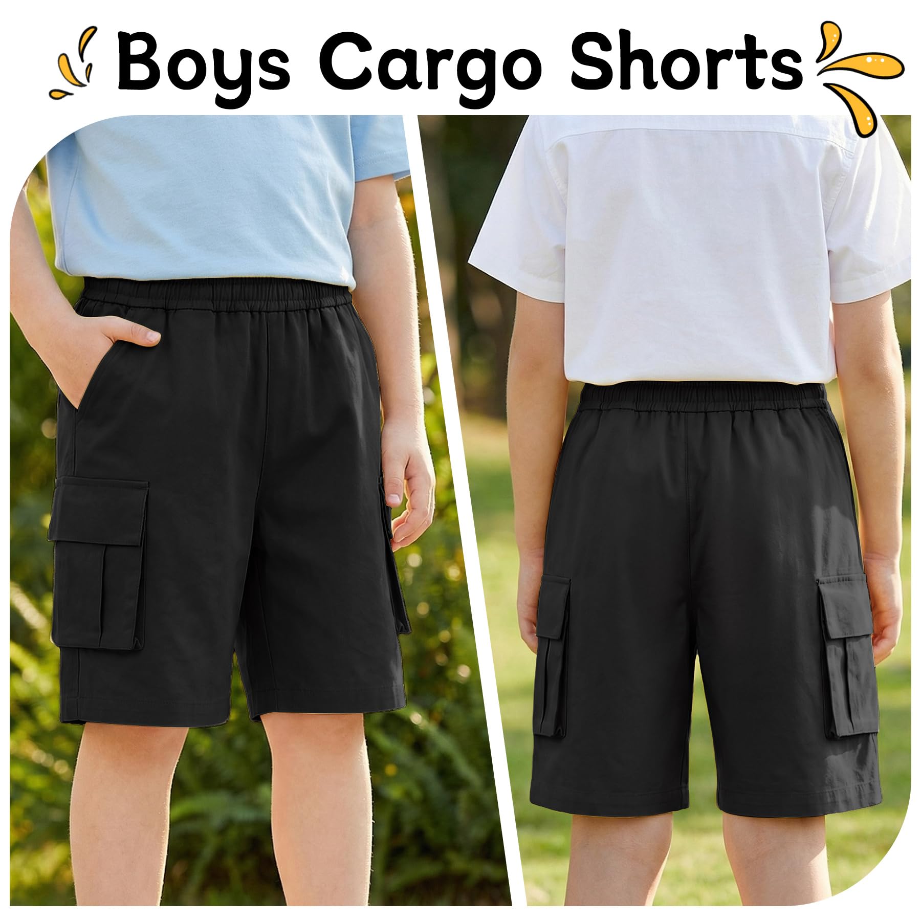 Shorts Cargo Niños, Cintura Elástica Short con Múltiples Bolsillos, Baggy Ligero Pantalones Corto Deportivos, Transpirable Pantalón Casual Streetwear para Infantil 7-15 Años