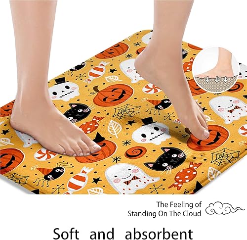 Miniatura 5 de ArtSocket Juego de 3 alfombras y tapetes de baño de calabazas de Halloween, tapetes de baño de terror espeluznantes, antideslizantes, lindos tapetes