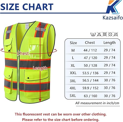 Miniatura 5 de Chaleco de seguridad de alta visibilidad con tiras reflectantes, 9 bolsillos, clase 2, con cremallera, cumple con las normas ANSIISEA (KZD-amarillo,