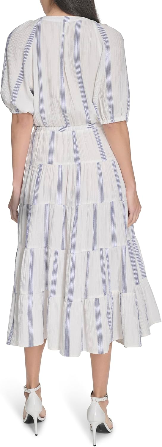 Calvin Klein Womens Short Balloon Sleeve Split Neck Tiered A-line Midi Dress - Image 4