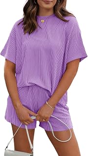 RUBZOOF 2 Piece Sets for Women Summer Outfits Lounge Sets | Ribbed Textured Knit Two Piece Short Sets, Short Sleeve Crewneck Matching Sets, Casual Fashion Vacation Travel Outfits