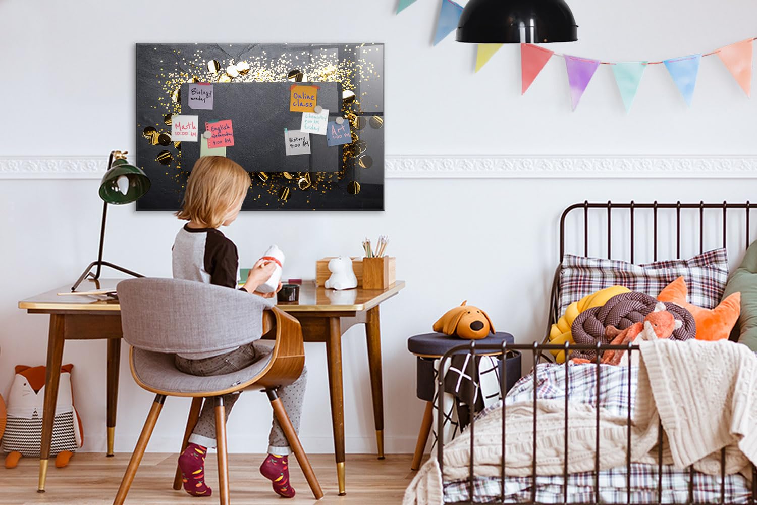 Glas-Magnetboard modern | Komplettset mit Neodym-Magneten, Marker & Schwamm | Glänzende, robuste Schreibfläche | Optimal für Büroorganisation & Meetingräume- 90x60 - Goldene Konfetti
