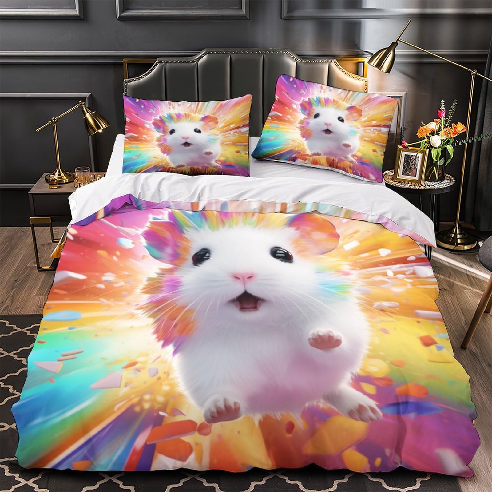 Housse de couette hamster 3D parure de lit 3 pièces king 220x240cm wild animals garçons filles