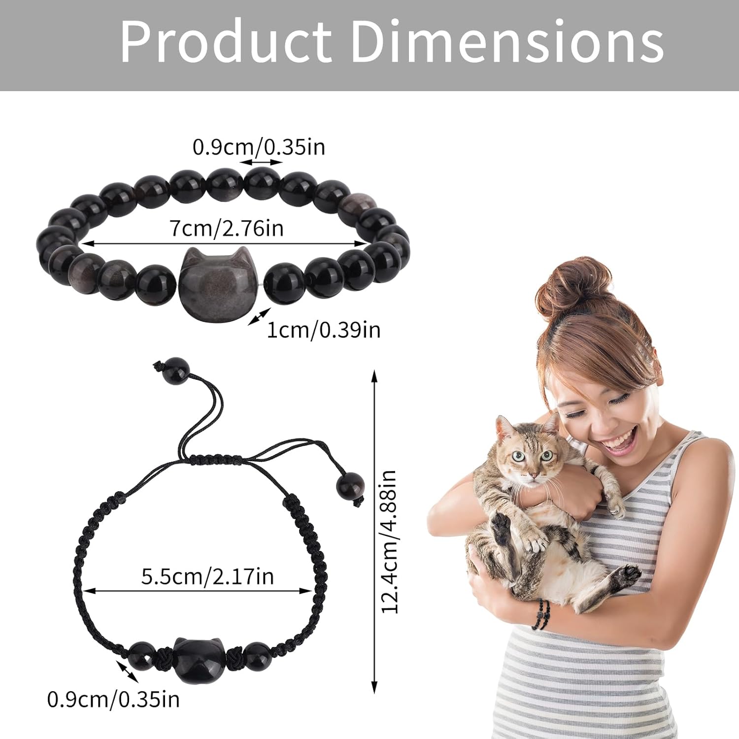 2pcs Cat Bracelet Set, Black Obsidian Beaded Bracelet Good Luck Adjustable Braided Rope Cat Jewelry for Men Women - Image 2
