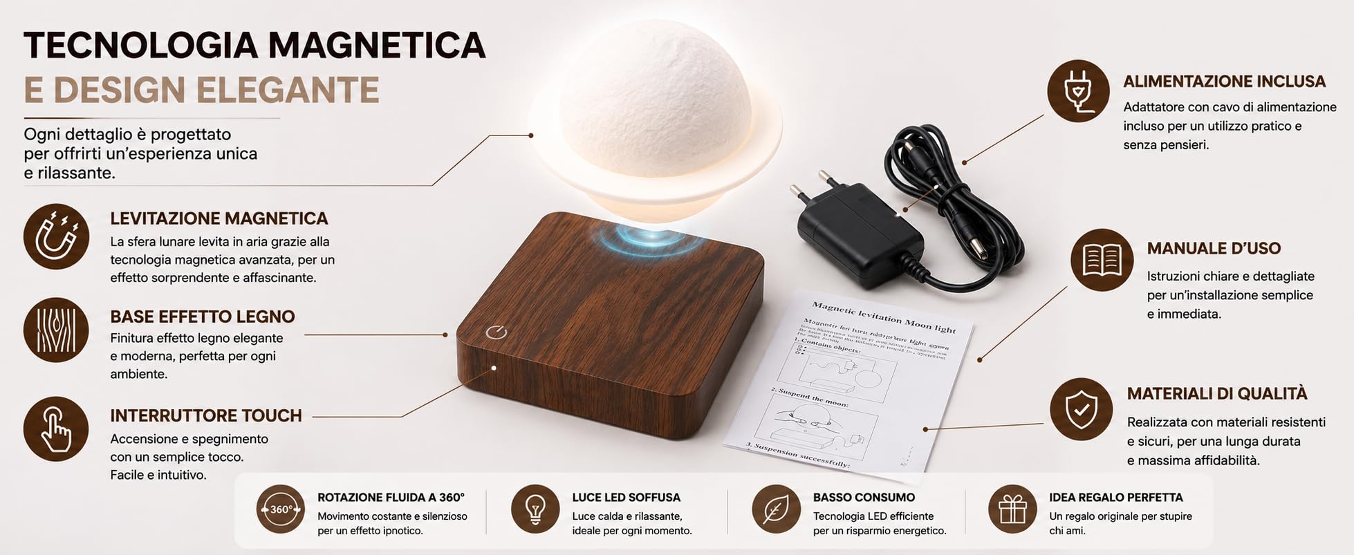 NLIGHTING Lampada Saturno a Levitazione Magnetica LED 3D, Lampada Fluttuante con Rotazione 360°, Luce Notturna Decorativa con Base in Legno, Lampada da Tavolo per Camera, Ufficio, Soggiorno