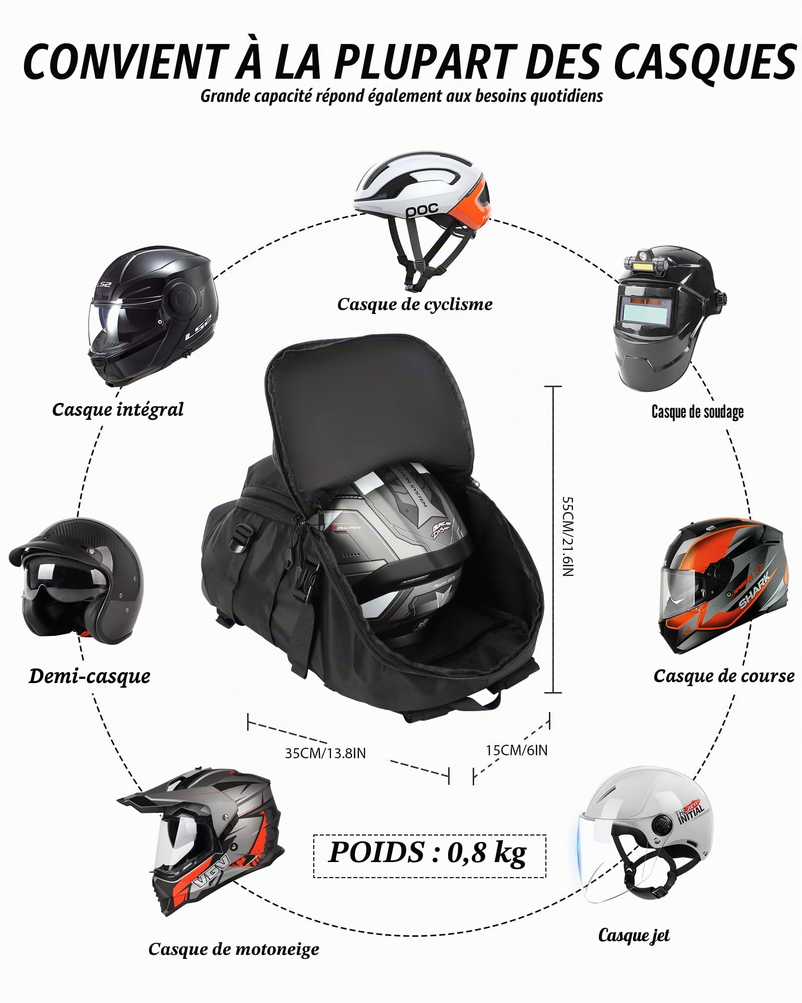 Sacs à dos étanches pour moto pour hommes et femmes Grands sacs à dos pour moto Sacs de voyage avec compartiment pour chaussures Sac à dos léger pour moto Motorcycle Backpack Noir