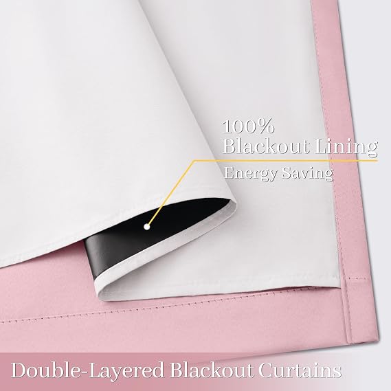 Yakamok 100% Blackout Curtain Panels 63 inches Cold and Light Blocking Drapes for Nursery, 2 Thick Layers Thermal Insulated Draperies (2 Pieces, 40 Wide Each Panel, Pink Front with White Backing)
