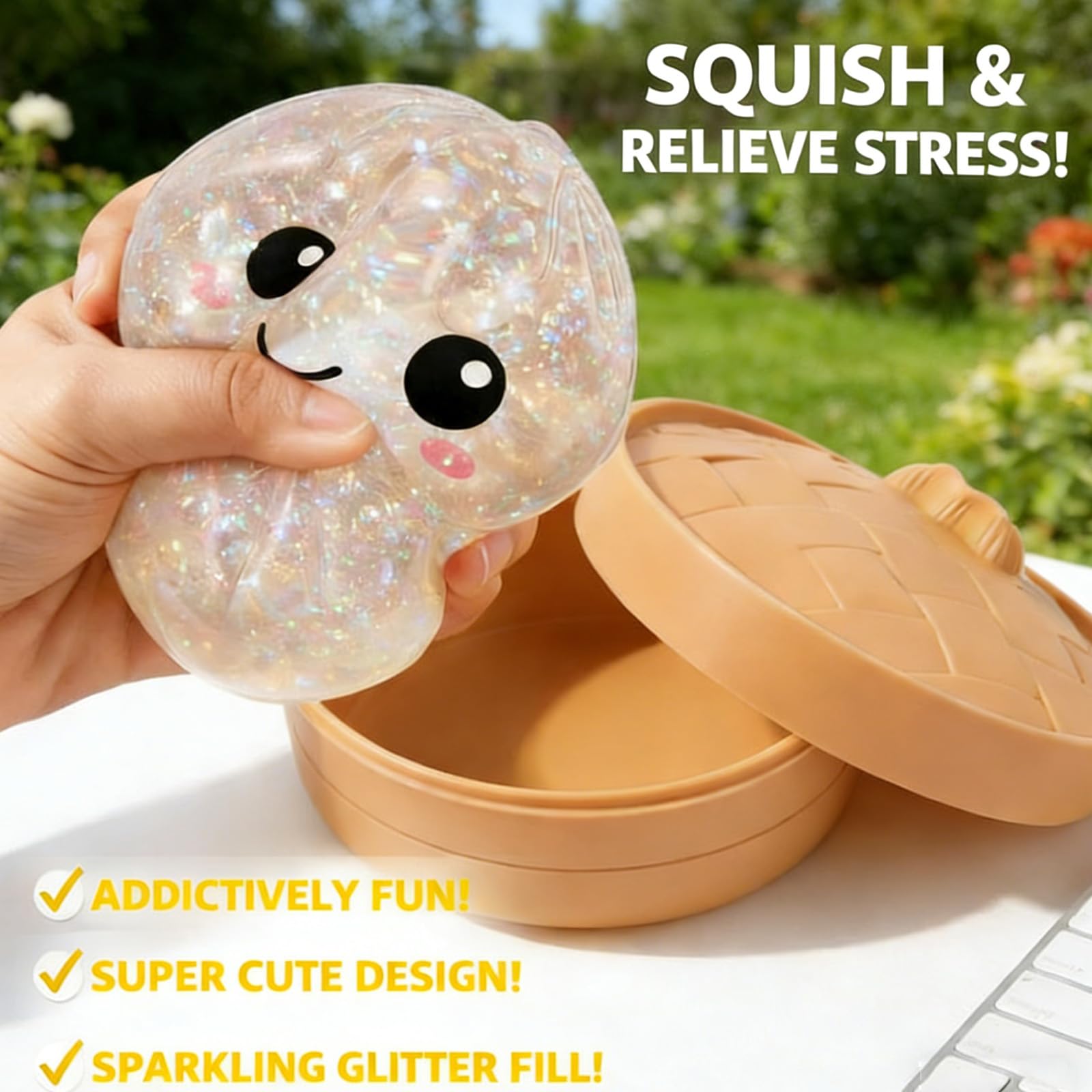 Glitter Dumpling Squishies Box, Glitter Dumplings Squishiest Toy with Steamer Box, Soft Squeeze Decompression Dough, Dumplings Sensory Squeeze Toy for Stress Relief — view 6