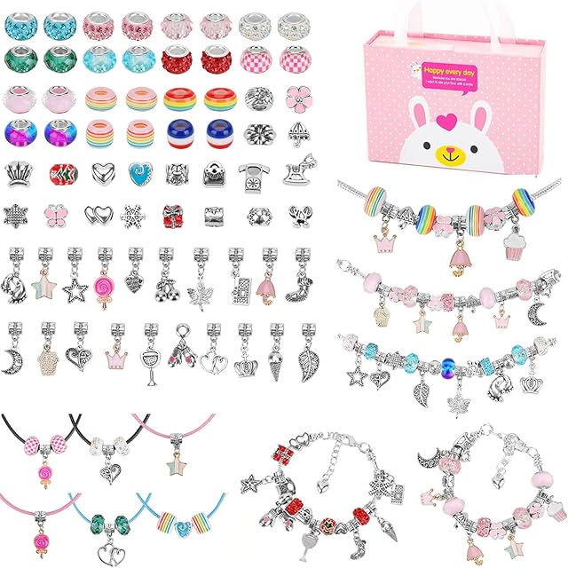 Cozywind Girls Bracelet Making Kit, 79 Pieces Jewelry Making Kit with Gift Box, Jewelry Making with 5 Silver Plated Chains for Girls 7 to 16 Years Old