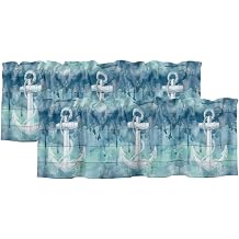 Summer Ocean Anchor Valances for Window 2 Pack, Nautical Watercolor Sea Blue Anchor Wood Grain Rod Pocket Curtains Valances Light Filtering Short Curtains for Kitchen Bedroom Bathroom 60 x 18 Inch