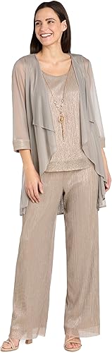 R&M Richards Women's 3-Piece Pantsuit Set: Shimmer Crinkle Top & Wide-Leg Trouse