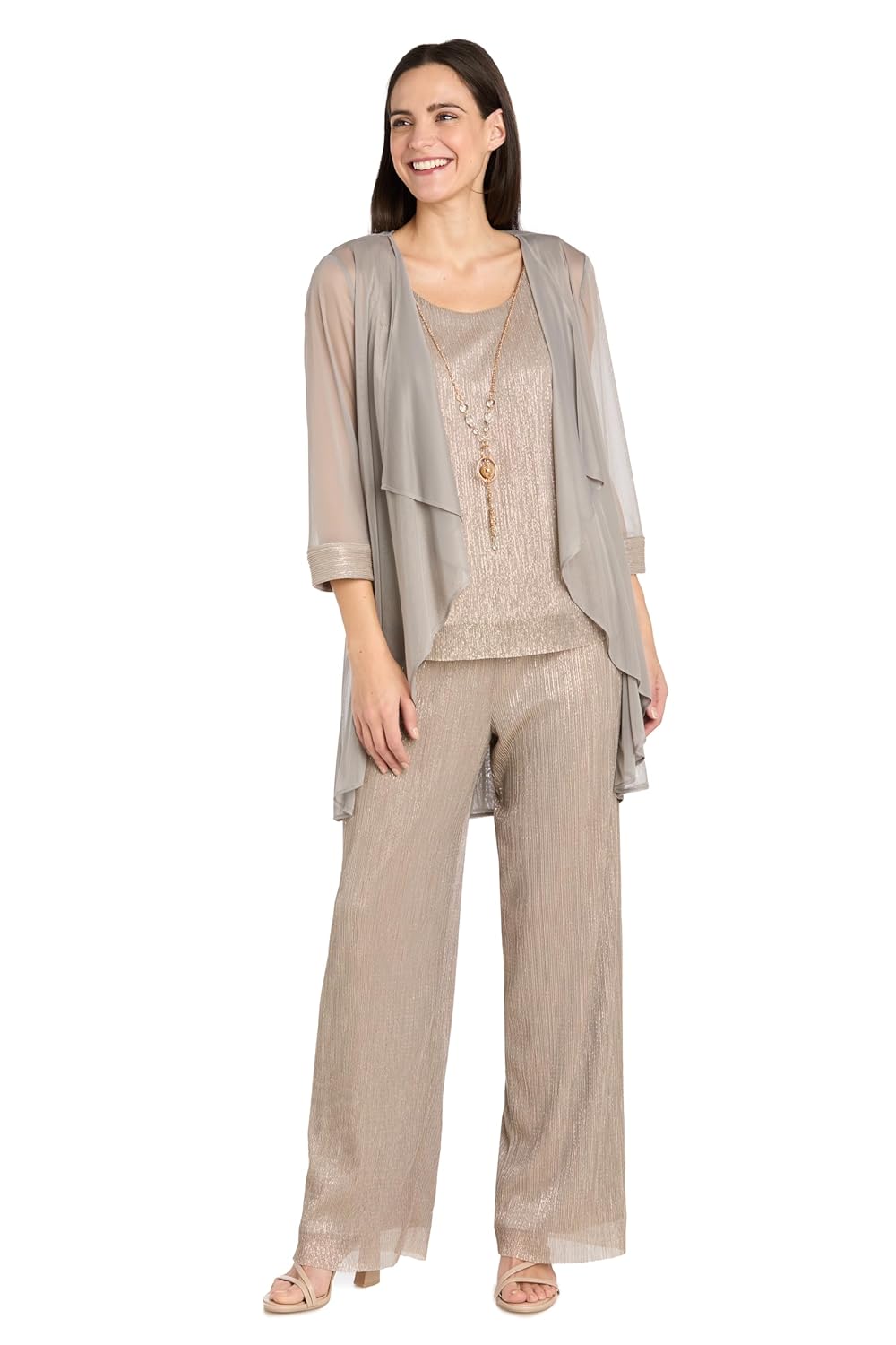 3-Piece Crinkle Pantsuit Set W Draped Chiffon Jacket Sleeveless Top Detachable Necklace