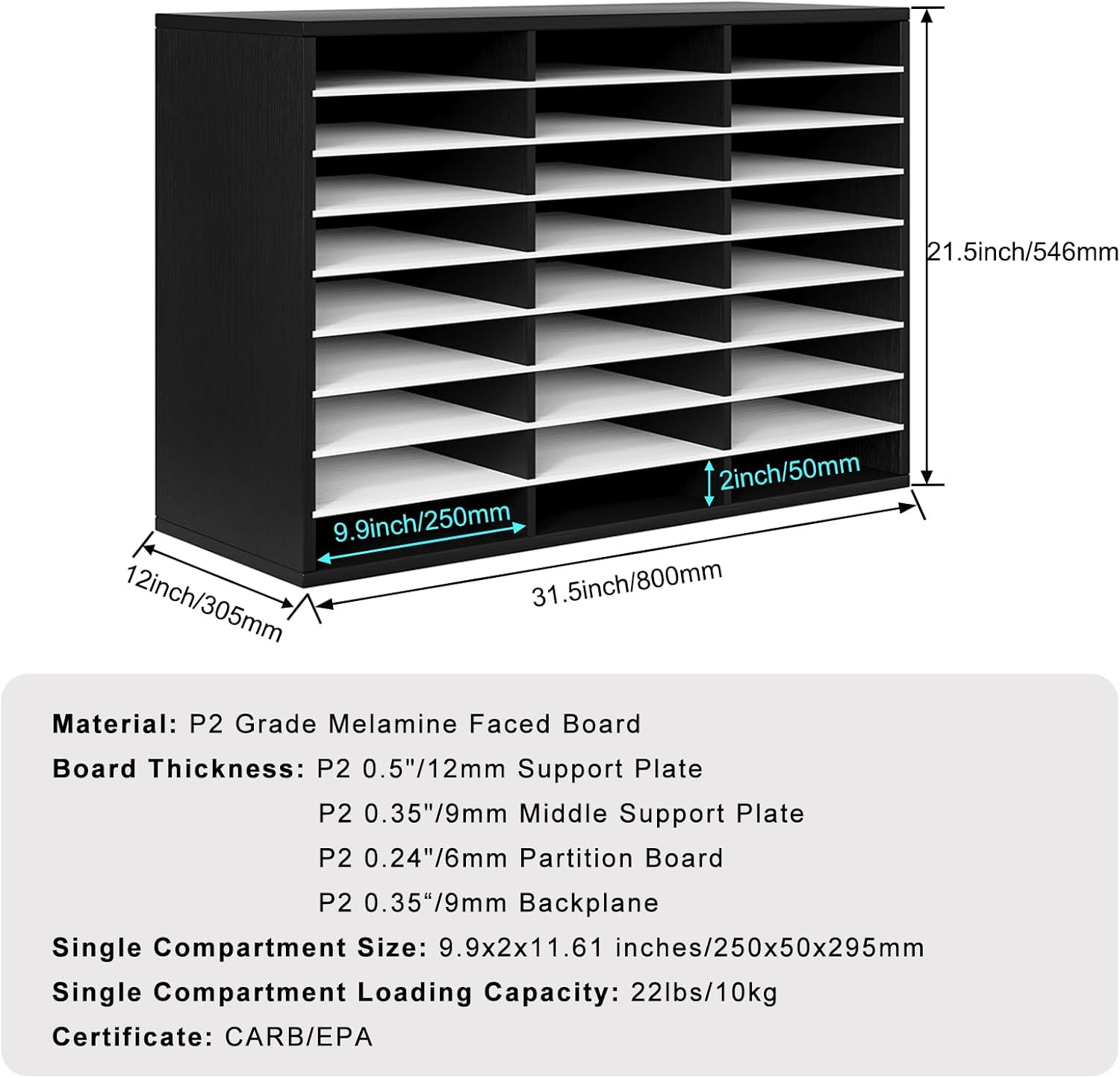 PAG Mail Sorter Organizer, Wood Literature Organizer, Student Mailbox for Classroom, Desktop Bill Paper Organizer for Office Home School, 27 Compartments, Black&White