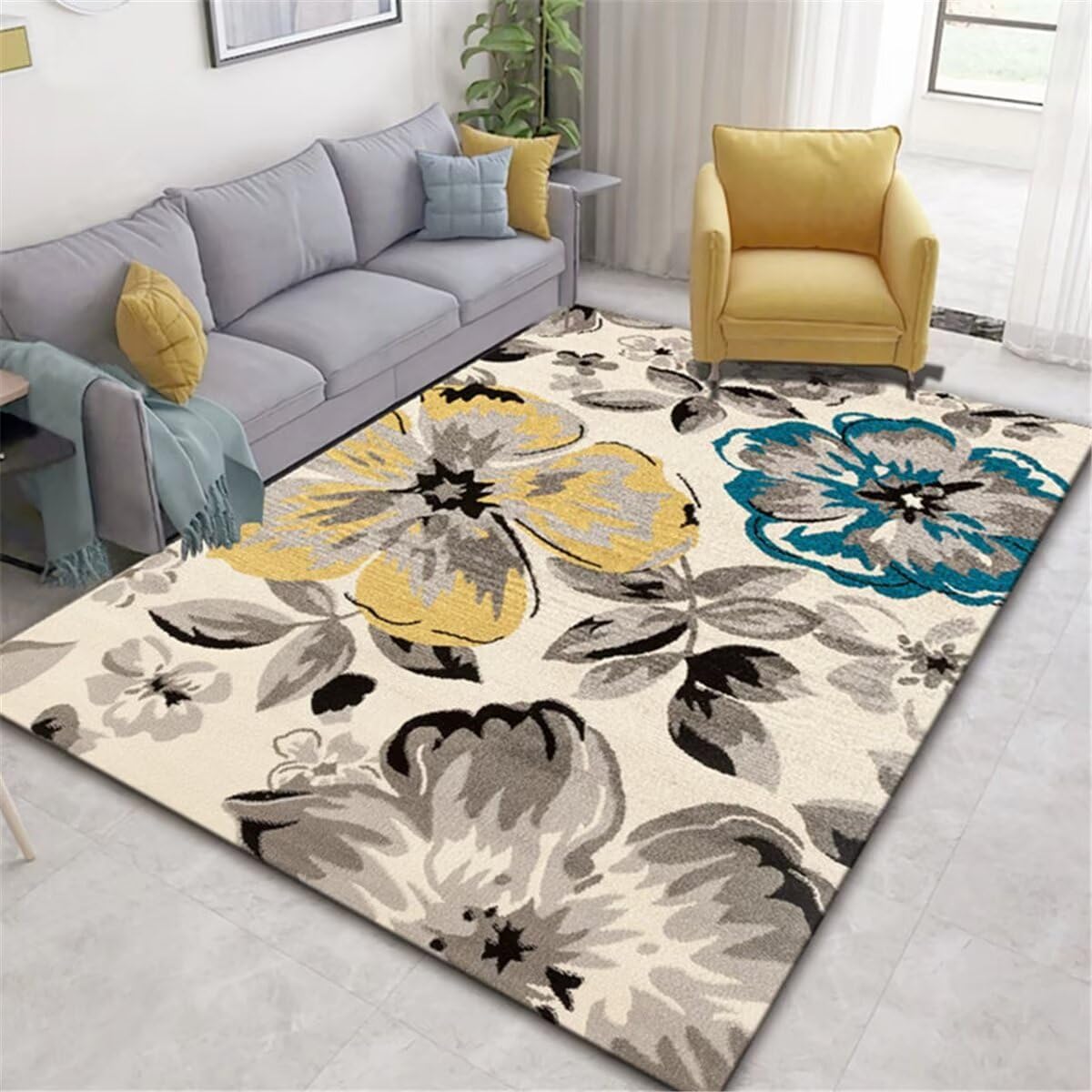 Tapis de chambre antidérapant gris jaune bleu fleur design