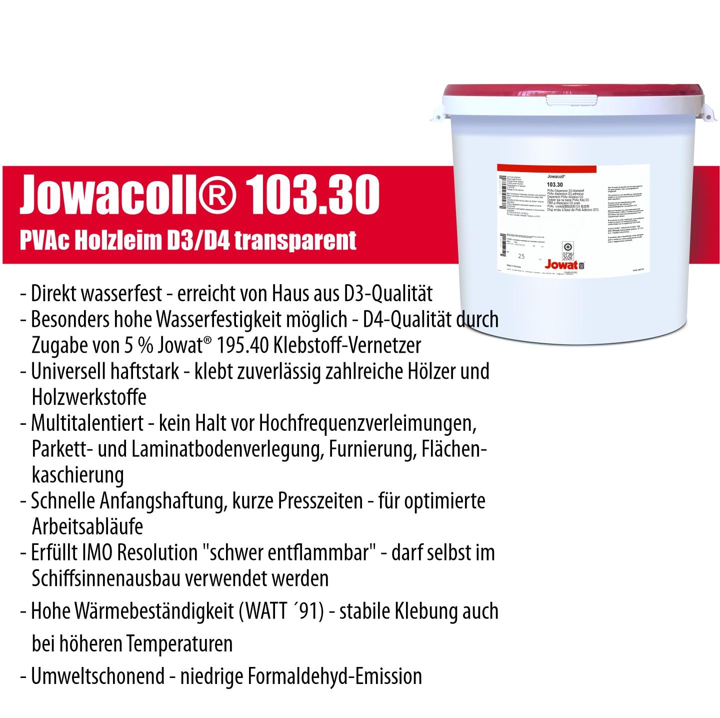 Jowat Jowacoll 103.30 25 kg Holzleim-Set inkl. Leimspachtel – Dispersionsleim für Holz, Kanten, Furniere & Möbelbau – hohe Festigkeit