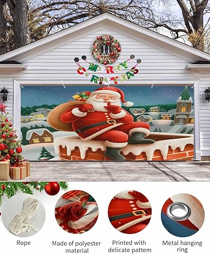 Miniatura 2 de Christmas Garage Door Banner Cover 7 x 8 ft, Christmas Santa Claus with Gifts Village Snow Christmas Garage Door Decorations Holiday Christmas