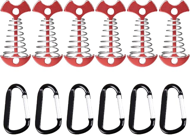 Azarxis Deck Plank Board Tent Pegs 6 Pack Fishbone Shape Camping Stakes with Carabiner Clips Spring Guyline Tensioner Cord Adjuster Lightweight for Outdoor Tent Awning Tarp (Red - Lengthened)