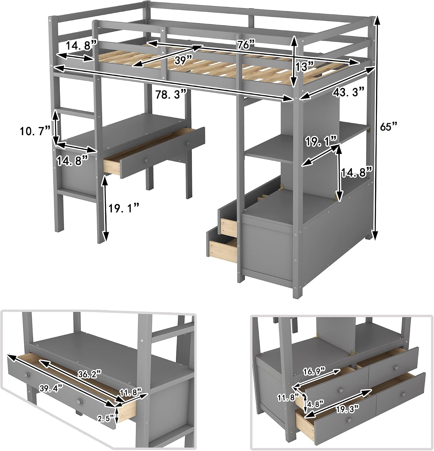 Twin Loft Bed with Desk and Storage Drawers Wood Loft Beds Frame with 4 Shelves Bookcase and 5 Drawers for Dorm Bedroom Twin Size Bunk for Kids Boys Girls Teens, Gray