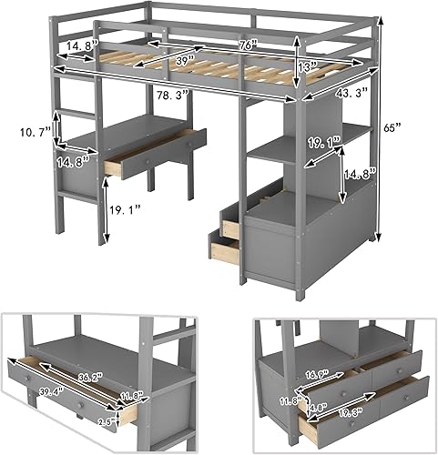 Miniatura 244 de Quarte Cama alta multifuncional, cama alta tamaño matrimonial con escritorio integrado y estantes de almacenamiento, dos cajones y escalera de
