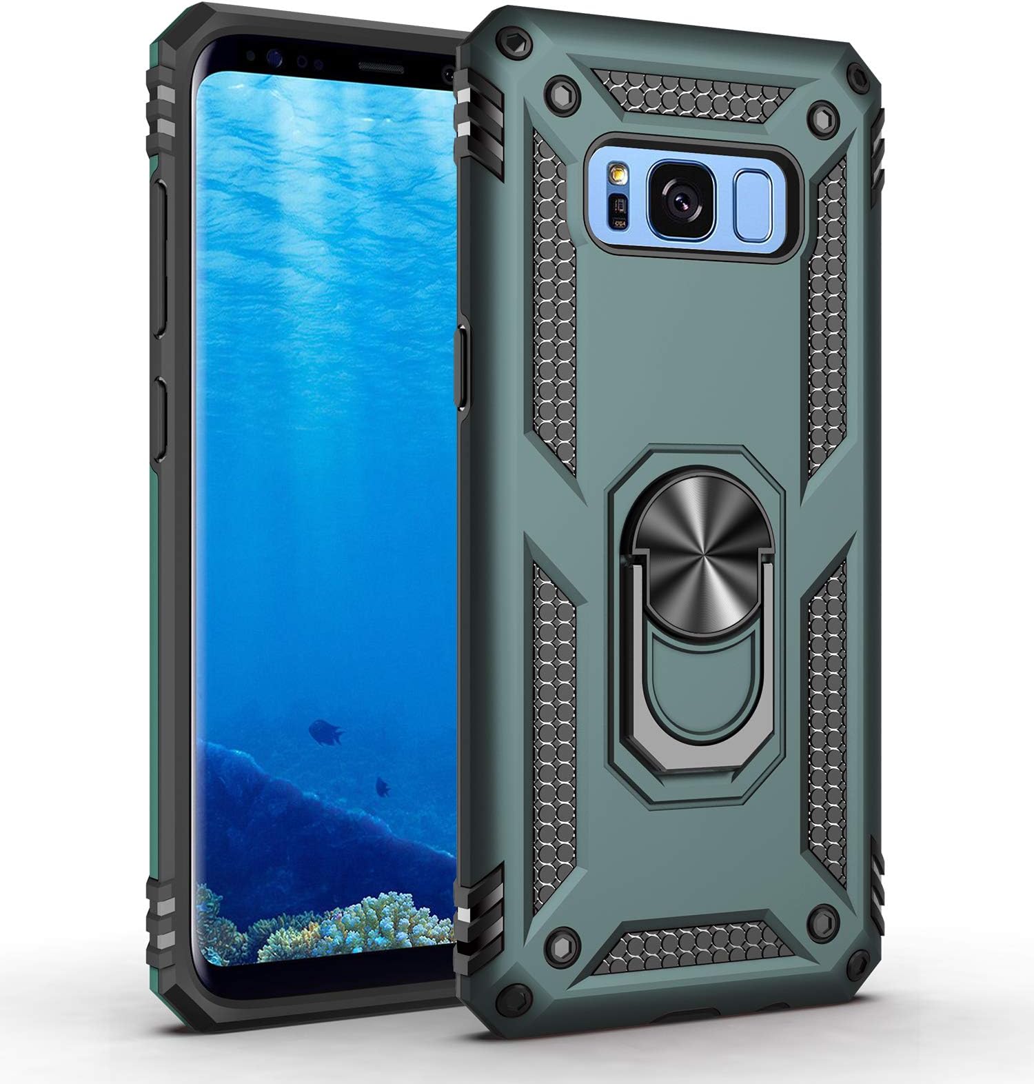 LUMARKEfor Galaxy S8 Case,Pass 16ft. Drop Tested with Magnetic Ring Kickstand Compatible with Car Mount Holder,Military Grade Protective Phone Cover Pine Green