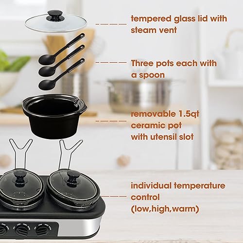 Miniatura 7 de Servidor de buffet de olla de cocción lenta doble y triple, calentador de alimentos con reposos ajustables de tapa de temperatura, acero inoxidable