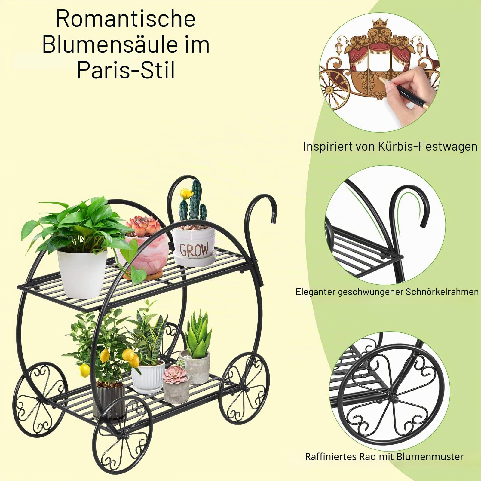 HOMASIS Metall-Pflanzenregal, Einzigartiger & filigraner Blumenständer für draußen, 2-stufiger schmiedeeiserner Pflanzenständer für Balkon, Wohnzimmer, 66 x 34 x 62,5 cm, Schwarz
