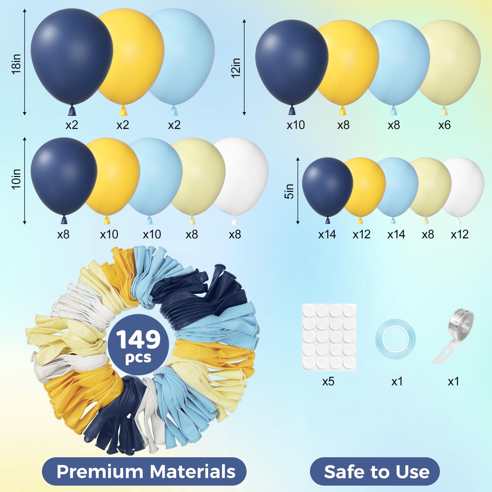 Ouddy Party 149-teiliges blaues und gelbes Ballon-Girlande-Set, verschiedene Größen, 45,7 cm, 30,5 cm, 25,7 cm, 12,7 cm, 12,7 cm, weiße Latex-Luftballons für Sommer, tropische Zitrone, Babyparty