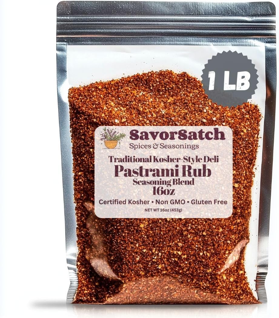 SavorSatch Pastrami Rub Seasoning Spice Blend - Resealable Pouch | Bulk Pack for Restaurants & Home Use | Traditional Deli-Style Kosher Flavor for Grilling or Smoking Authentic Homemade Pastrami, Corned Beef, Brisket, & Charcuterie | Non-GMO, Gluten-Free - 16oz (Pack of 1)