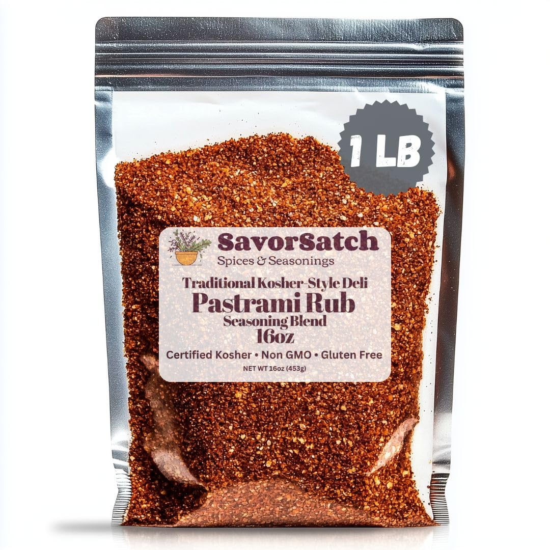 SavorSatch Pastrami Rub Seasoning Spice Blend - Resealable Pouch | Bulk Pack for Restaurants & Home Use | Traditional Deli-Style Kosher Flavor for Grilling or Smoking Authentic Homemade Pastrami, Corned Beef, Brisket, & Charcuterie | Non-GMO, Gluten-Free - 16oz (Pack of 1)