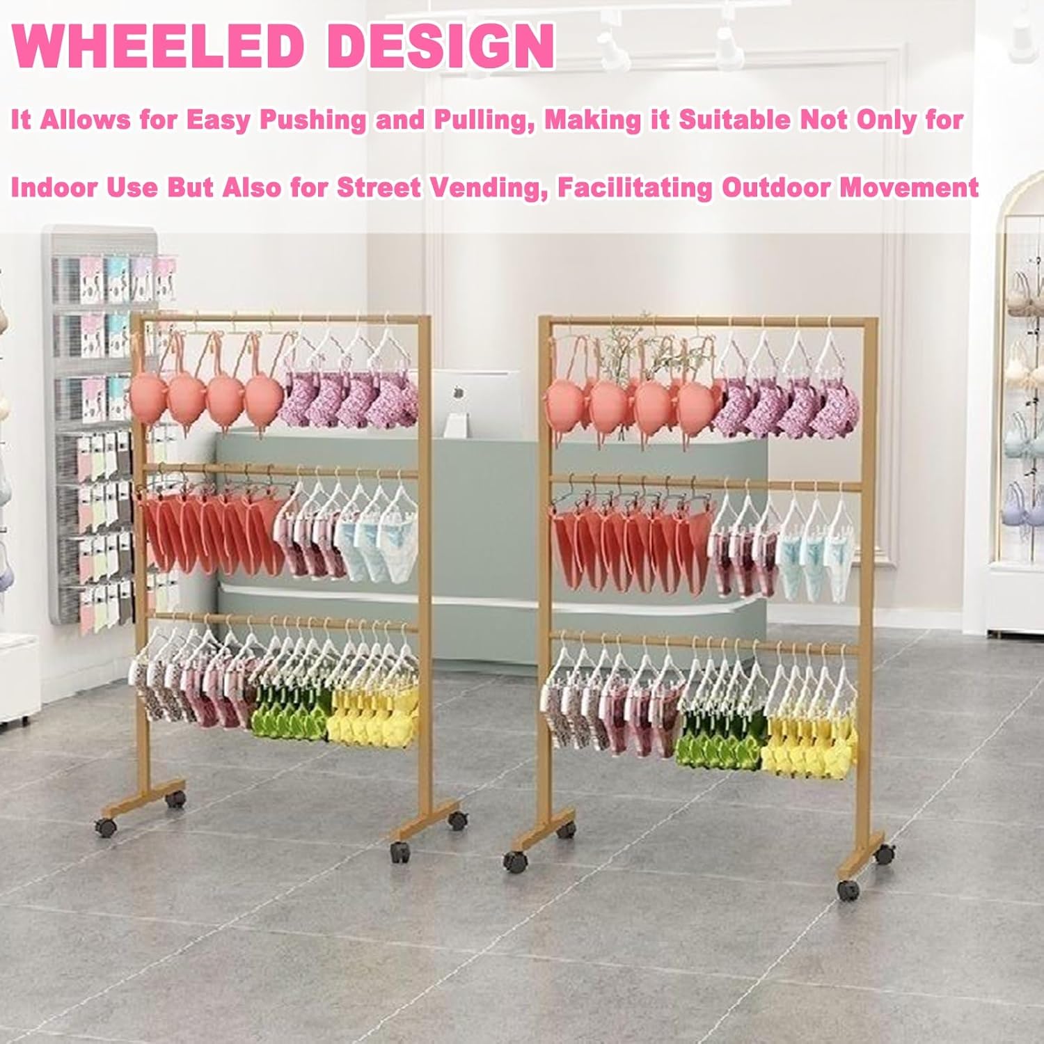 Commercial Underwear Display Stand, 3 Tier Metal Hanger Rack with Wheels for Bra Sock Lingerie, Heavy Duty Retail Store Fixture for Boutique and Market(Black,80x40x130cm/31x16x51in)