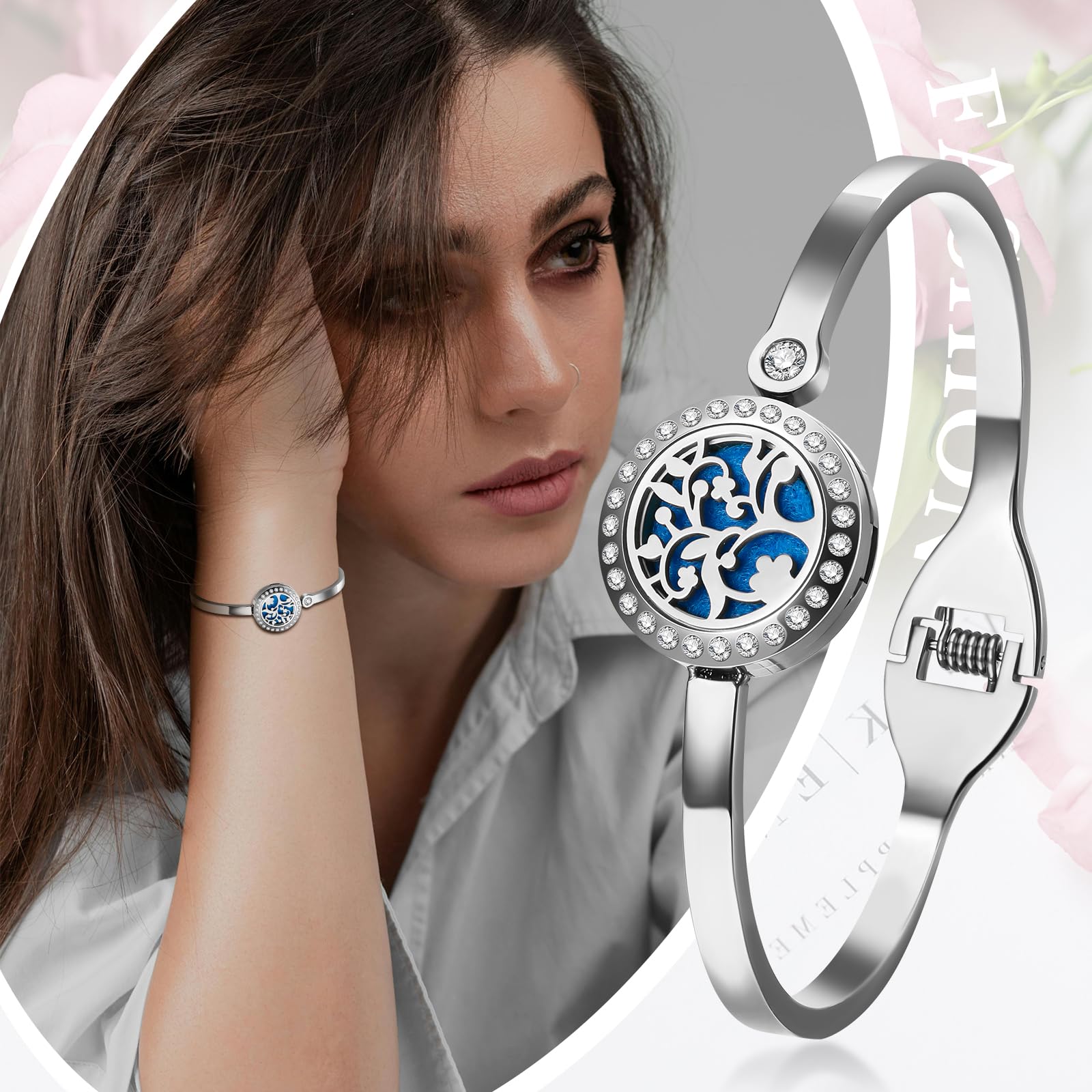 Pulsera Difusora De Aceites Esenciales Cupimatch, Árbol De La Vida, Acero Inoxidable 316L, Con 10 Almohadillas Y Caja De Regalo