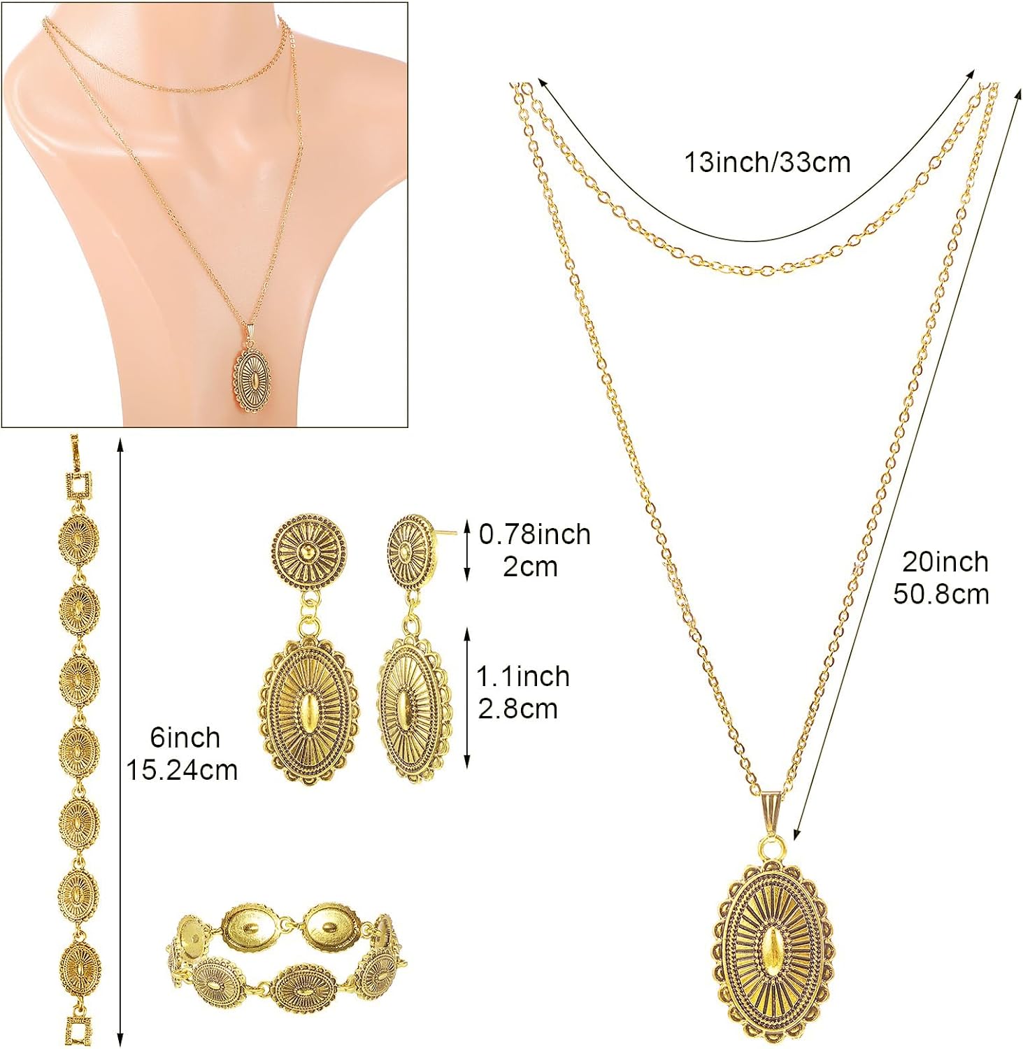 Haysandy 4 Pcs Turquoise Western Jewelry Sets for Women Bohemian Vintage Concho Necklace Classic Dangle Earrings Bracelet Belt