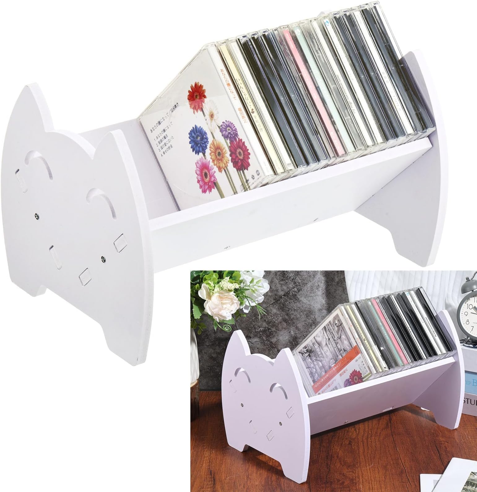 CD DVD Game Storage Organizer for 30 Cases, White PVC Desk Rack with Smile Face, Display Stand for PS4 and PS5 Video Cases, Books & Discs, Easy Assembly